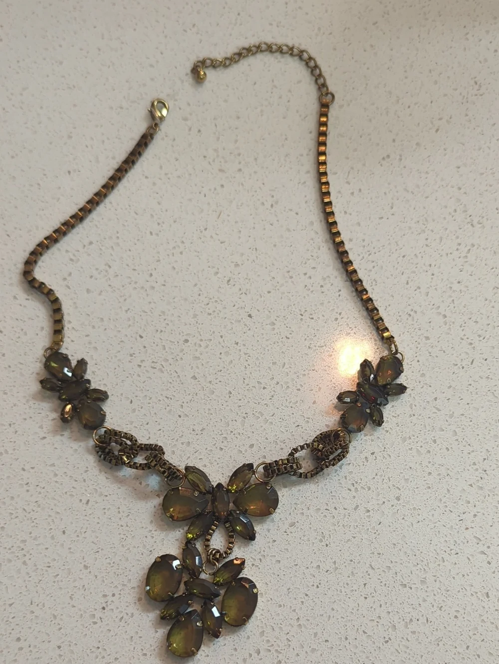 Source Unknown Gold-Tone Olive Green Crystal Floral Necklace